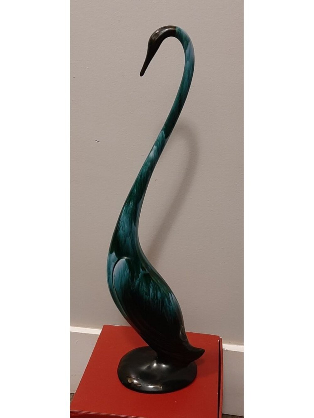 Vintage Blue Mountain Pottery Heron Figurine 17 Tall Green Drip Glaze Bird Decor